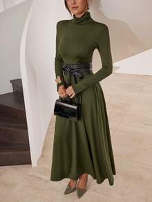 Modelyn Women's Casual Solid Color Turtleneck Long Sleeve Top Dress - Green - View 6