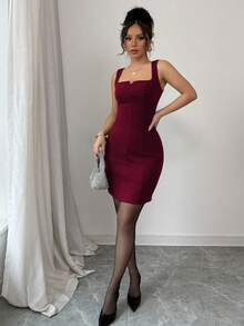 Elenzga Đầm ôm sát cơ thể cổ vuông không tay, thắt eo, tối giản, thanh lịch dành cho nữ - Màu Đỏ Sâu - Xem 7