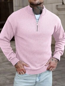 Manfinity CasualCool Men's Solid Color Minimalist Everyday Quarter Zip Long Sleeve - Baby Pink - View 4