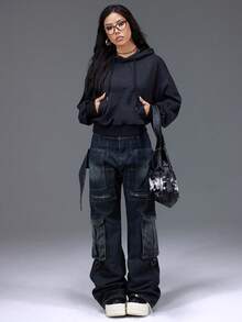 Bloopia 复古摇滚叛逆甜美酷女孩风格时尚优雅百搭女式秋冬新款扎染面料宽松休闲可调节抽绳连帽长袖卫衣 - 黑色 - 查看 4