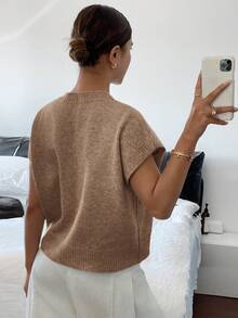 Siren Gaze Áo thun dệt kim tay ngắn trơn jacquard dành cho nữ - Cà phê nâu - Xem 2