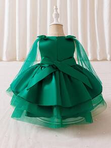 SHEIN Glamorique Kids Váy công chúa cho bé gái, váy dạ hội cho bé gái dịp Giáng sinh, váy bồng bềnh bằng vải tuyn satin xanh ngọc lục bảo có nơ, váy ruy băng bằng vải tuyn, váy sân khấu và dự tiệc trang trọng - màu xanh lá - Xem 2
