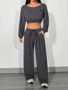 SHEIN PETITE Women's New Solid Color Crew Neck Drop Shoulder Long Sleeve Hoodie And Sweatpants Casual Loose Suit Grey Two Pieces Set ,Petite Women - Dark Grey - View 3