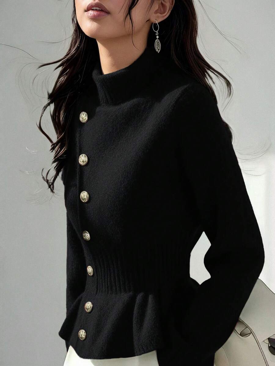 Elenzga Elegante suéter con mangas de campana, cintura ceñida, decorado con botones verdes y dorados, para otoño/invierno - Negro - Ver 1