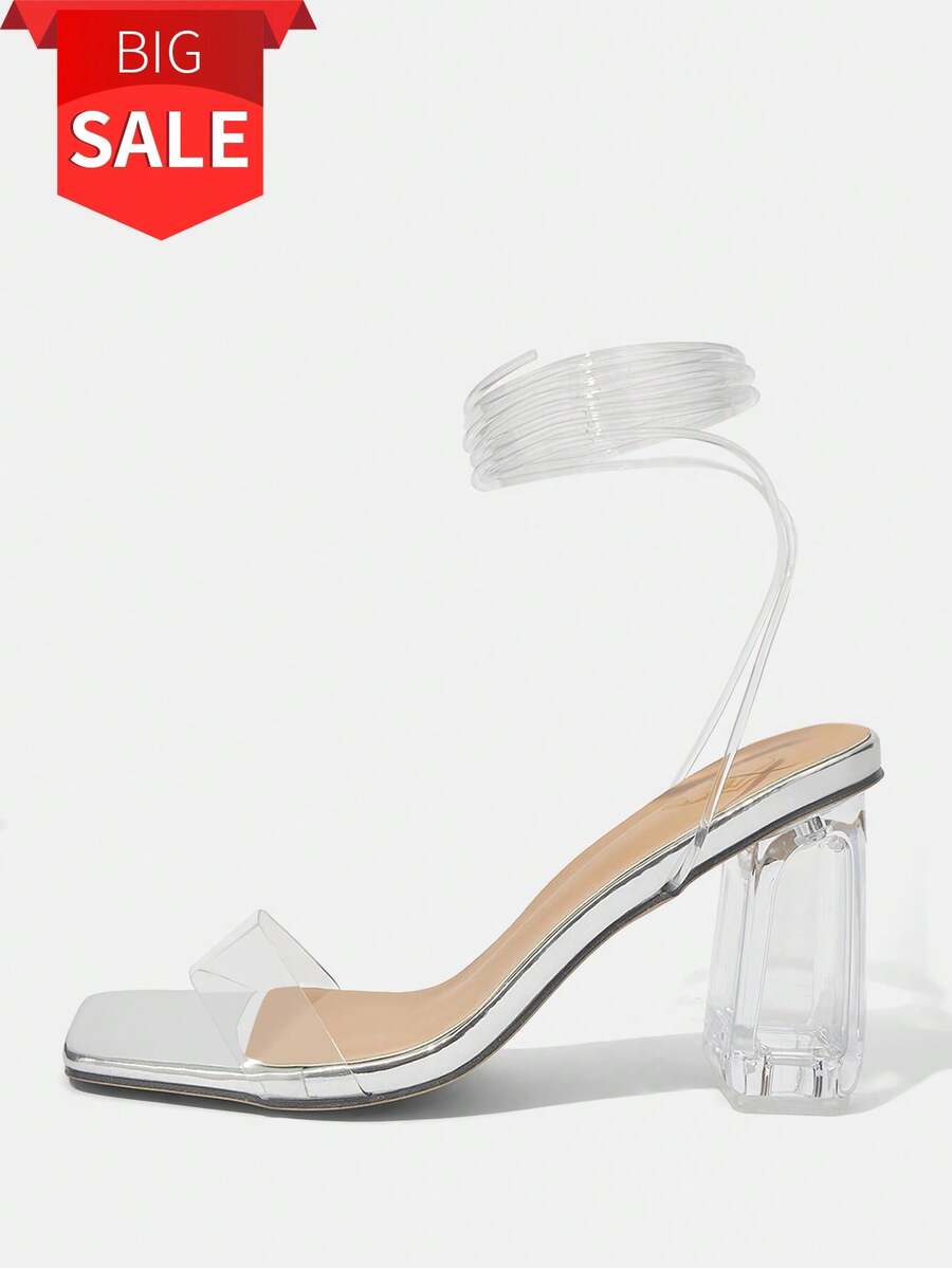 Women's Square Toe Silver High Heel Sandals - Silver - View 1