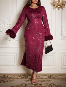 Flirla Plus Size Women Elegant Burgundy Autumn Formal Sequin Midi Dress,Vintage Metallic Yarn Curly Cuff Long Sleeve Fitted Glam Party Christmas Valentine's - Burgundy - View 4