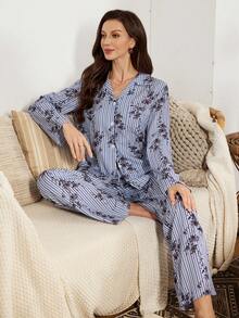 Serenescape 新款女士条纹印花休闲舒适睡衣套装，包含长裤和衬衫，冬季服装 - 藍色 - 查看 4