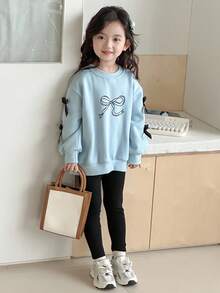 Dazy Kids 2pcs/Set Young Girls Round Neck Knit Thermal Lined Bow Print Top & Pants Set, Fall - Blue - View 5