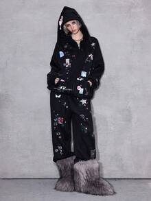ROMWE Avant Y2K 坏坏朋克可爱蝴蝶结骷髅兔像素星星月亮爱心猫狗刺绣水钻兔耳宽松卫衣外套 - 黑色 - 查看 9