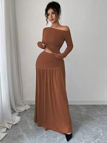 Elenzga 春秋季返校新款棕色弹力罗纹宽松套装，斜肩设计褶裥修身长袖T恤+高腰褶裥喇叭裙两件套女装 - 鏽棕色 - 查看 3