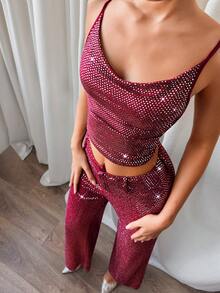 SHEIN Glamour بنطلون نسائي ذو ساق واسعة مزين بترتر لامع لموسم الخريف