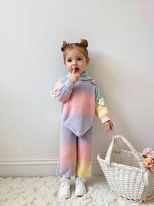 SHEIN Baby Girl, Casual And Cute, Colorful And Flower-Decorated Knitted High-Neck Sweater + Knitted Wide-Leg Pants Two Pieces Set Baby Knitwear Baby Girl Knitted Outfits Rainbow Warm Clothes Baby Girl Baby Girl Sweaters Set Knit Two Piece Toddler Autumn And Winter Two Piece Suit
