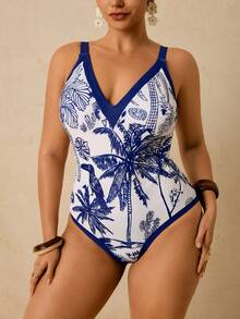 Travachic 大码女式蓝白热带植物棕榈树印花连体泳衣，蓝色V领浪漫早春泳装 - 藍白色 - 查看 5