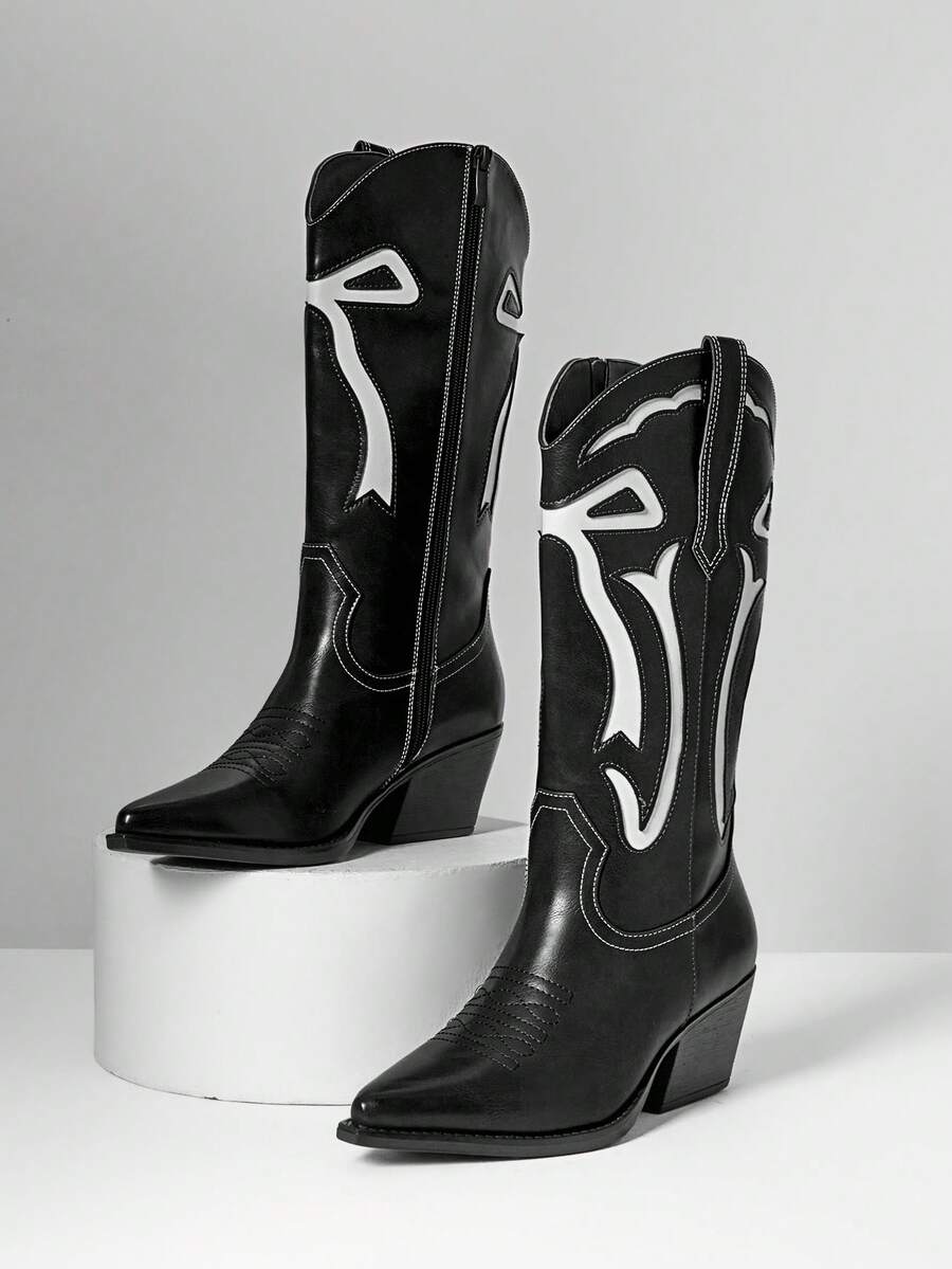 SHUZIA Botas de vaquera occidentales con tacón grueso, punta afilada y bordado glamoroso para mujer - Negro - Ver 1
