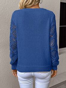SHEIN Clasi Plus Size Solid Color Hollow Out Patchwork Knit Sweater, Casual For Autumn/Winter - Teal Blue - View 2