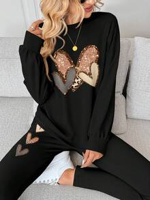 SHEIN LUNE Bộ 2 áo nỉ nữ cổ tròn tay dài in họa tiết vá, mặc dạo phố, mùa đông - Nhiều màu - Xem 5