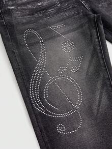 ROMWE Avant Y3K Electronic Music Metallic Silver Skinny Low Waist Women's Cropped Jeans - Black - View 3