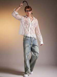 FeverCity Men's Sexy Sheer Front Button Long Sleeve Lace Mesh Shirt