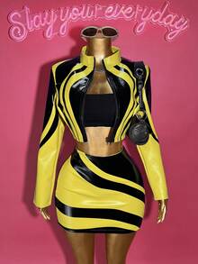 Slaydiva 2025 Höst Nytt Halloween Födelsedagsfest Bankett Collegestil Student Daglig Casual Kryssning Resor Viral Streetwear Sexig Klubb Y2K Punk Racing Motorcykelinspirerad Dam 2-delars Set: Långärmad Figurnära Jacka + Bodycon Minikjol, Svart Med Gult PU-Bläcktryck, Höst/Vinter - Multifärgad - Visa 11