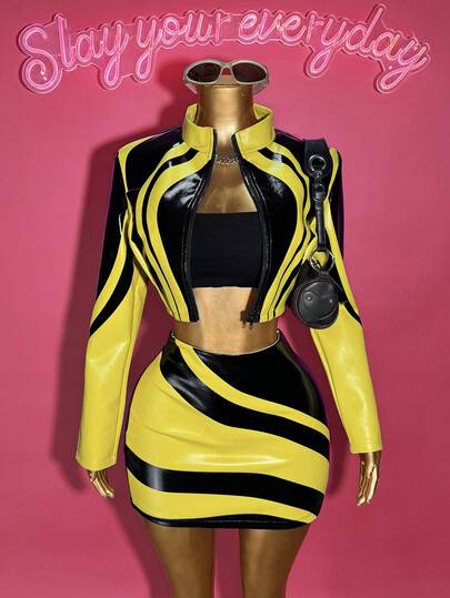 Slaydiva 2025 Winter New Style New Year Valentine's Day Party Evening Date Gathering Birthday Party Preppy Style Student Wear Everyday Street Basic Versatile Casual Cruise Travel Internet Celebrity Hot Style Millennial Y2K Sexy Hot Girl Sexy Club Punk Racing Girl Cool Motorcycle Style Small Stand Collar Long Sleeve Slim Jacket + Slim Hip Skirt Black And Yellow PU Ink Print Autumn And Winter Set Christmas Set New Year Set Women's Two-Piece Set