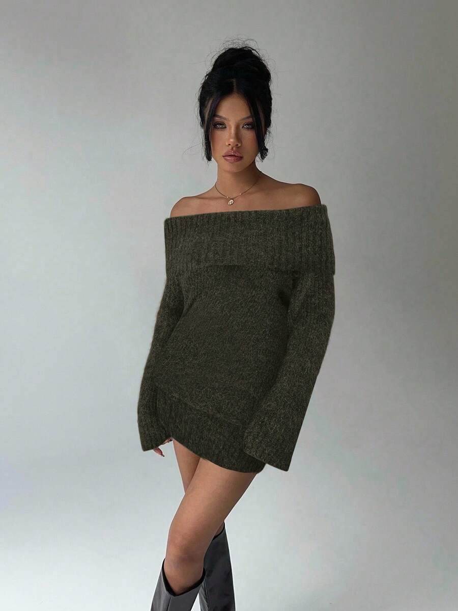 Aloruh 灰色露肩高领长袖迷你连衣裙，上衣宽松下装紧身，适合年轻女士，秋冬 - 軍綠色 - 查看 1
