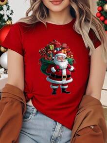 Playera Navideña, con estampado de Santa Claus, Papá Noel, moderna, holgada, cuello redondo, manga corta, para fiestas de temporada y uso diario, ideal para toda la familia - Rojo - Ver 2
