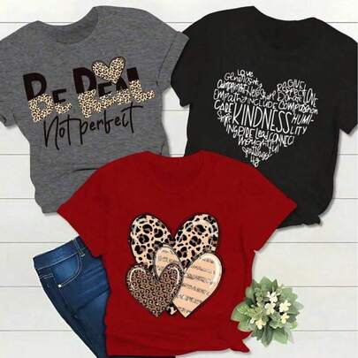 Playera para mujer estilo casual creativo estampado leopardo gráfico corazones y letras tela suave color sólido holgada cuello redondo manga corta primavera verano diario Tshirt
