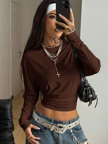Coolane Women's Winter Minimalist Y2K Basic Daily Wear Casual Back To School Streetwear Stretchy Loose Long Sleeve Ruched Crop Tees,Fall,Fall Clothes For Women,Women's Winter Clothes - Brown - View 4