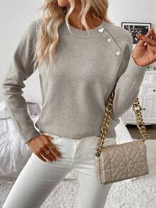 SHEIN Tall 女式斜襟纽扣毛衣 - 卡其色 - 查看 4