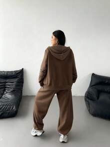 POPSWAY Bộ đồ thể thao in họa tiết và quần nỉ, bộ đồ thể thao dệt kim cỡ lớn cho mùa thu/đông - màu nâu - Xem 2