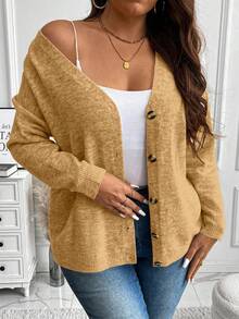 Vionelle 大码女式休闲V领纯色针织开衫 - 駝色 - 查看 5