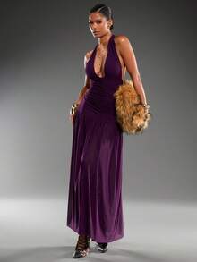 Normani Romantic Date Party Eggplant Purple Mesh Deep V Backless Tie Ruched Mesh Dress For Women - Red Violet - View 2