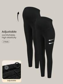 Modmama Maternity 2pcs/Set Solid Color Elastic Waist Leggings, High Stretchy Skinny Pants For Autumn/Winter - Black - View 1