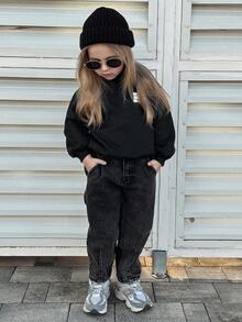 Dazy Kids Young Girl Hooded Letter Knit Fleece Printed Sweatshirt, Fall Clothes, Winter