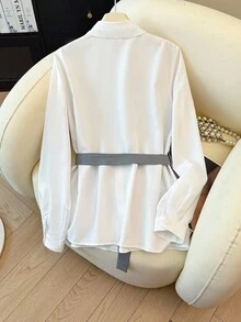 Franclia 女士休闲二合一设计收腰开襟衬衫，适合叠穿，秋冬季 - 白色 - 查看 2