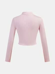 SHEIN Girlism Tween女孩簡約休閒彈性前開襟立領修身短版秋季夾克襯衫，日常穿著，女童款 - 粉色 - 查看 7