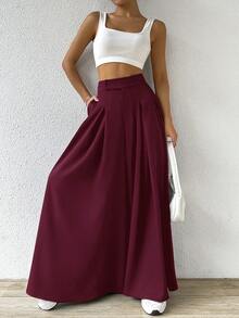 SHEIN EZwear Quần ống rộng xếp ly trơn màu đỏ rượu vang, cỡ lớn - Màu Đỏ Sâu - Xem 5