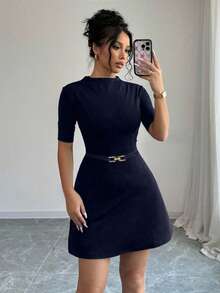 Robe noire élégante à col mao Elenzga, robe mi-manches évasée avec ceinture métallique pour femmes, en tissu texturé élastique de couleur unie, , ajustée, convenant pour le travail, les sorties décontractées, la rentrée scolaire, les tenues professionnelles d'enseignant - Bleu azur - Voir 3