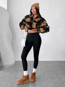 CovetEZ Cozy Women's Stand Collar Teddy Bear Print Half Placket Sweatshirt In Black Flannelette With Long Sleeves And Zipper Detail Fall Sweater Teddy Bear Print Jacket Fur Top Fuzzy Sweater Quarter Zip Sweater - Black - View 4