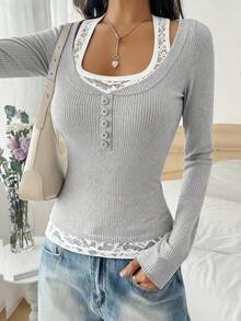 Franclia Zielony Women's Y2K Millennium Sexy And Cute Retro American Style 2In1 Lace Top, Suitable For Campus Parties, Daily Wear And Romantic Date And Vacation Winter Christmas New Year Women Thanksgiving Party Beach Graduation Elegant Luxury Chic Stylish - Light Grey - View 7