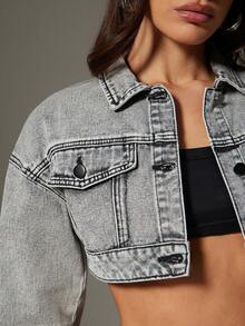 Denimoi Super Cropped Collared Flap Pocket Drop Shoulder Jacket Fall & Winter Cropped Denim Jacket - Grey - View 6