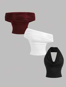 SHEIN Girlism Áo ba lỗ cổ xếp ly trơn màu cho bé gái tuổi teen, đen/trắng/đỏ, đa năng và thời trang - Nhiều màu - Xem 11