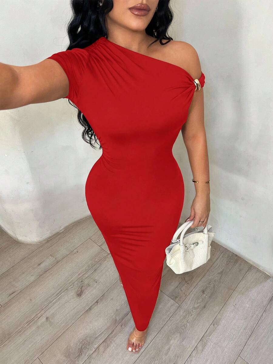 SHEIN SXY Váy thanh lịch cổ lệch màu nâu dành cho nữ - Đỏ - Xem 1
