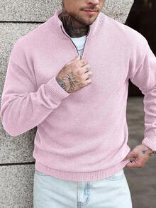 Manfinity CasualCool Men's Solid Color Minimalist Everyday Quarter Zip Long Sleeve - Baby Pink - View 1