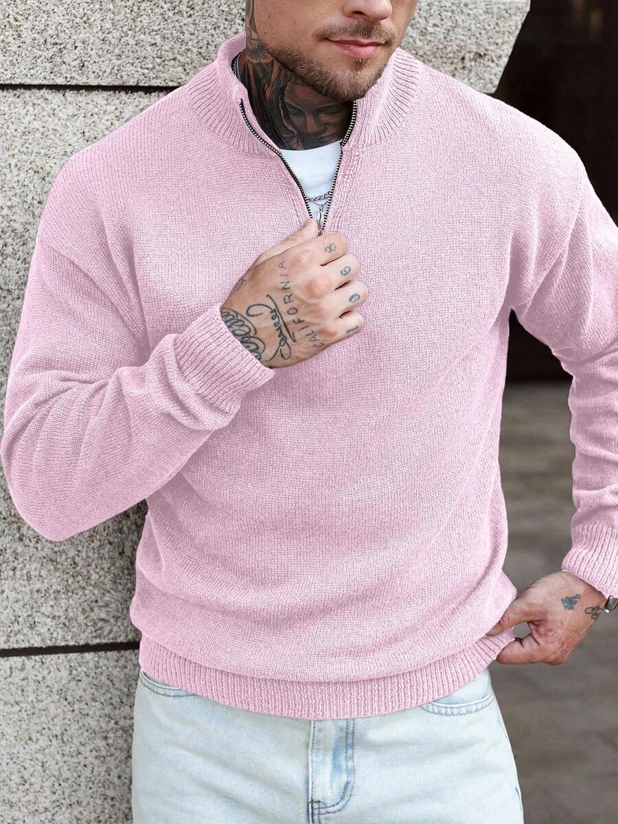 Manfinity CasualCool Men's Solid Color Minimalist Everyday Quarter Zip Long Sleeve - Baby Pink - View 1