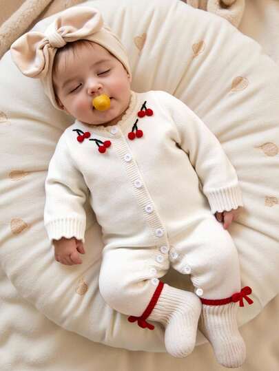 SHEIN 女婴白色针织连体衣，饰有刺绣、蝴蝶结和图案。适合春、秋、冬季穿着。