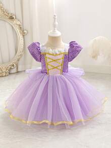SHEIN Glamorique Kids 女嬰紫色薄紗公主禮服，薰衣草色夏季優雅伴娘花童派對穿著，生日婚禮假期舞會長裙，四季皆宜 - 紫色 - 查看 1