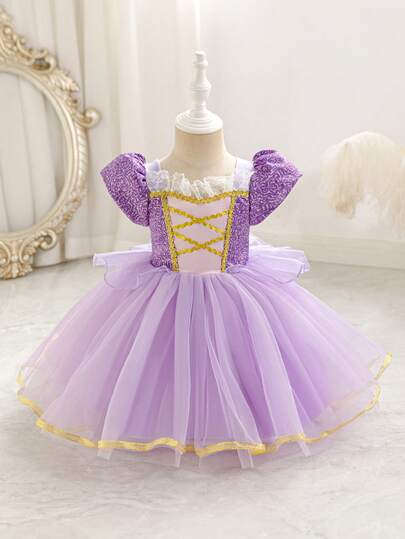 SHEIN Glamorique Kids Baby Girls' Purple Tulle Princess Dress, Party Wear, Suitable For Birthday, Wedding, Holiday Ball Gown, Partywear, Middle East, Europe & America, All Season
