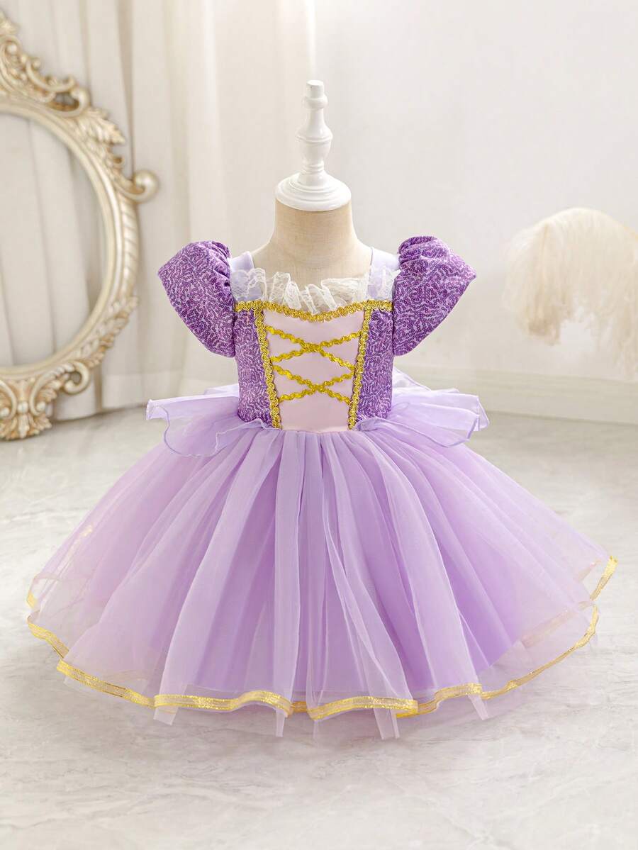 SHEIN Glamorique Kids 女嬰紫色薄紗公主禮服,薰衣草色夏季優雅伴娘花童派對穿著,生日婚禮假期舞會長裙,四季皆宜 - 紫色 - 查看 1