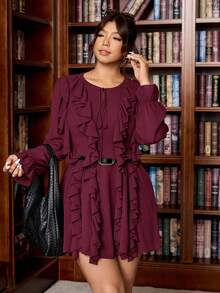Vionelle Plus Size Women's Burgundy French Chiffon V-Neck Elegant Autumn Retro Ruffle Hem Long Sleeve Blouse,Perfect For Wedding Guest,Office&Party Wear - Burgundy - View 6